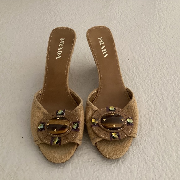Prada Pre-owned Slip on Wedge Shoes, Size 38 1/2 (8), Color Tan, Multi Color - Picture 1 of 4